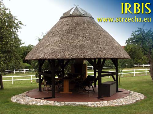 Thatched roof, with a cone-shaped roof and grill
