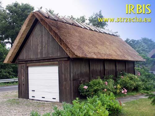 Backyard garage with thatched roofs with heath ridge pressed against oak trees