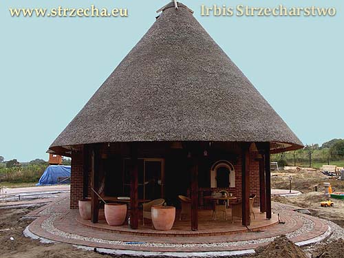 Terrace next to a house with a thatched roof - a seating area with grill